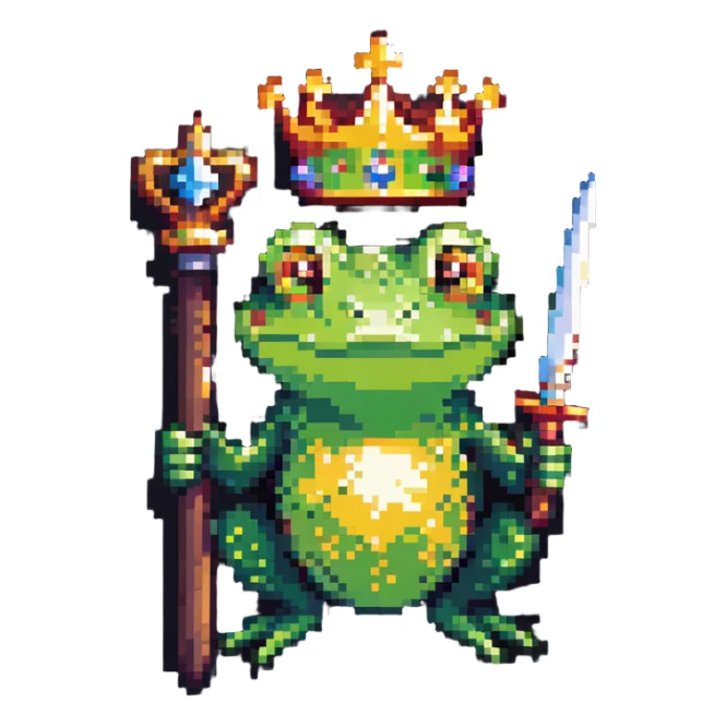 pixel art crowned frog holding a scepter wearing a crown sticker