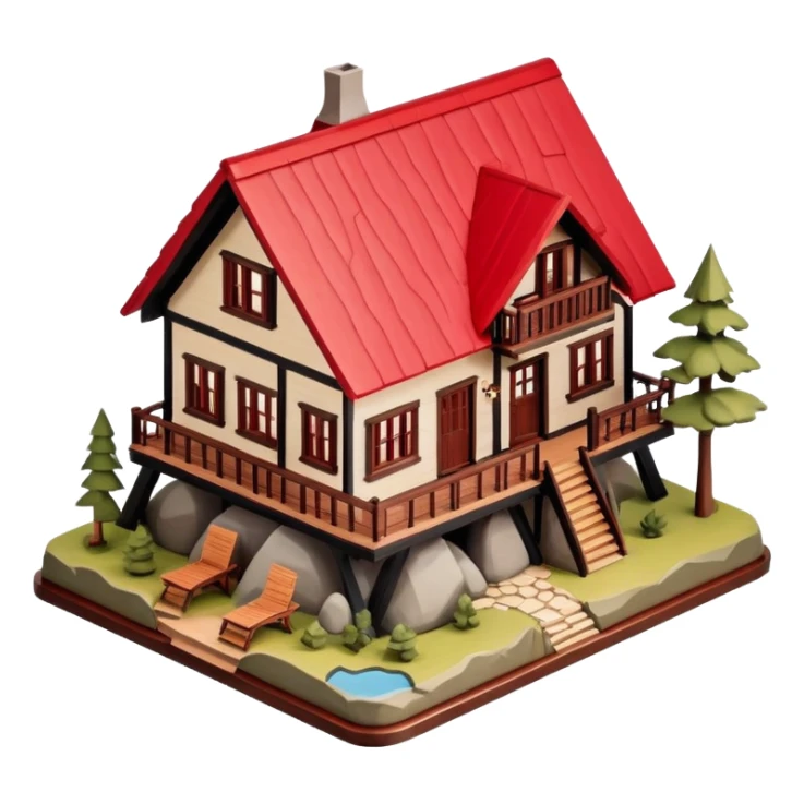 National Parks lodge, isometric dollhouse-style, realistic sticker