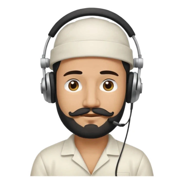 Half body man wearing white topi, lapray, black beard and moustache, headphones, eyes closed, realistic emoji style. sticker