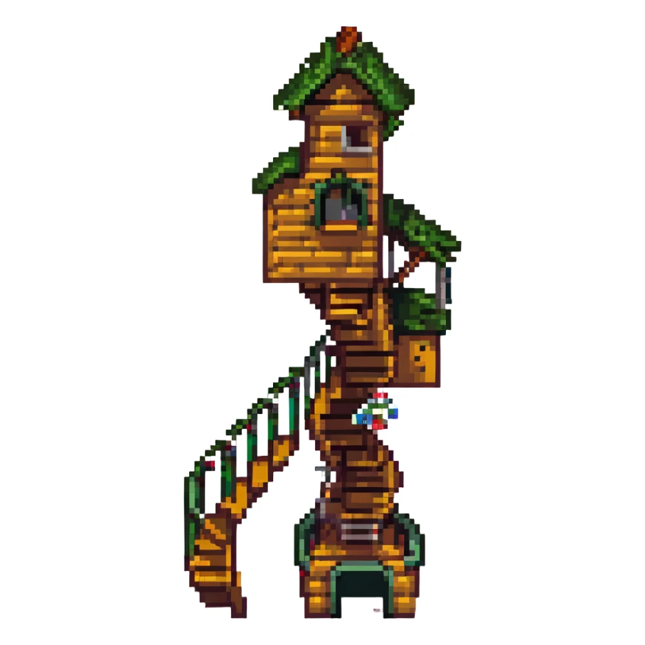 treehouse with spiral staircase, fantasy atmosphere, pixel art style sticker