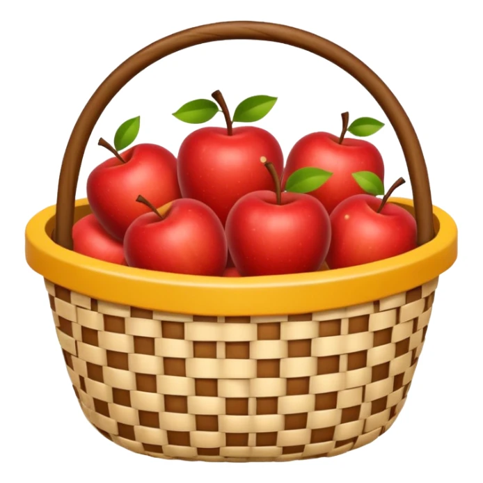 woven basket with apples and white checkered cloth, yellow sticker