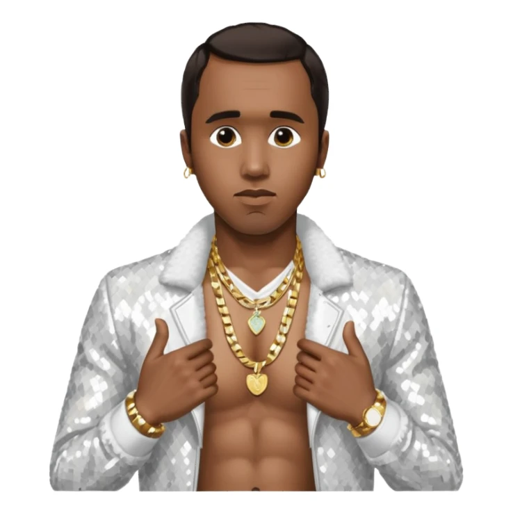 P. Diddy with dark brown hair, white sequin jacket, shirtless with necklace sticker