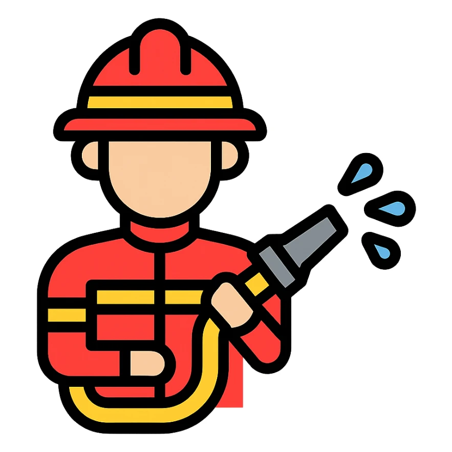 firefighter holding a water hose, minimalistic icon, simple lines, red and yellow accents sticker