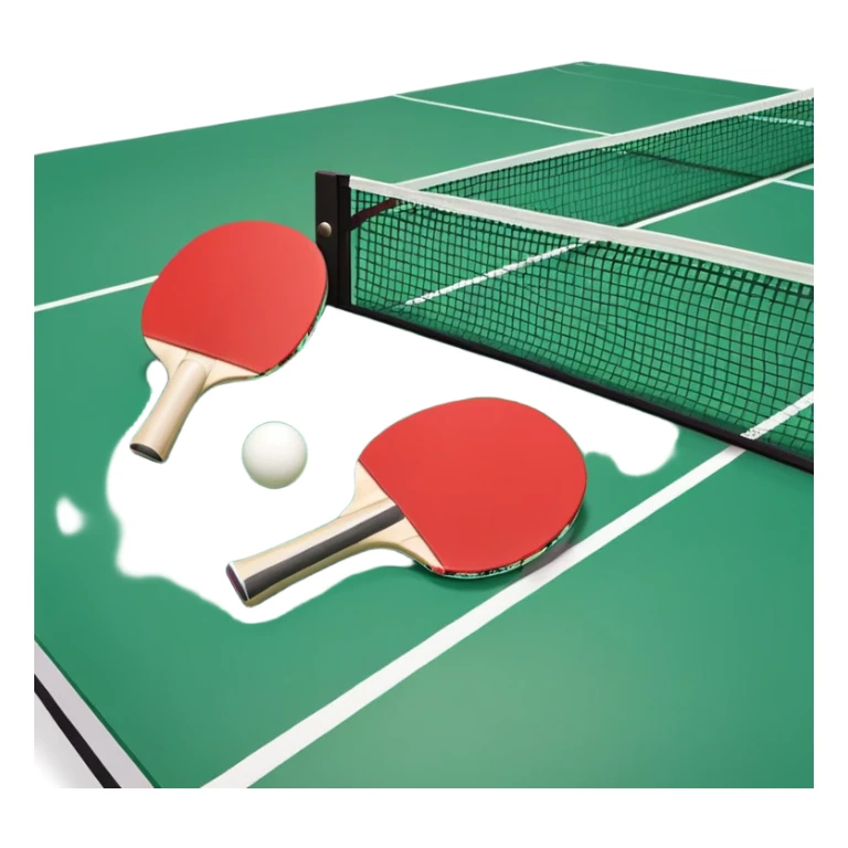 Two table tennis paddles and a ball placed on a ping pong table, with the net in the background. The scene conveys the simplicity and focus of the sport, with vibrant colors highlighting the rackets and ball on the smooth surface of the table. sticker