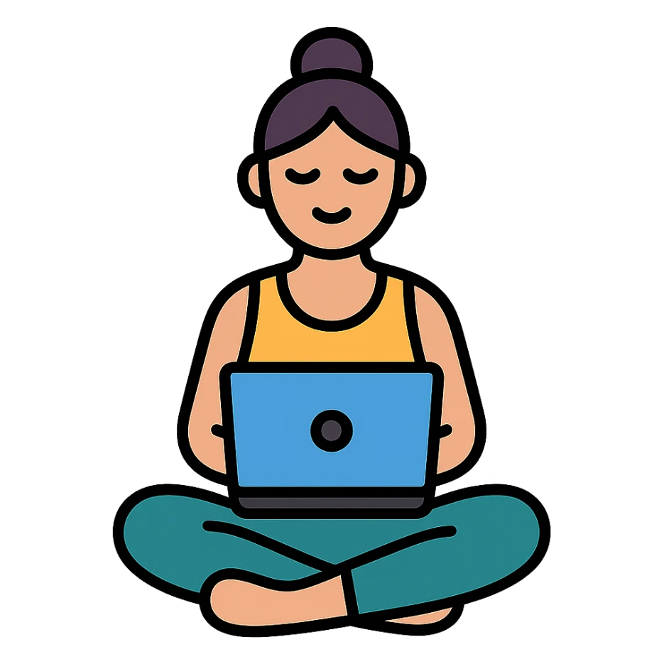 yoga teacher sitting cross-legged with a laptop, colored icon with black outlines sticker