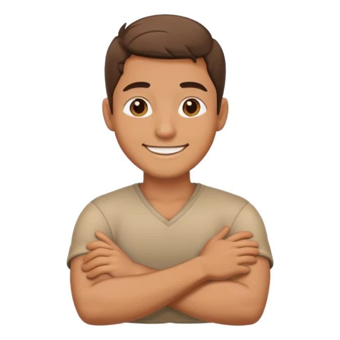 Man with crossed arms and hand around neck smiling sticker
