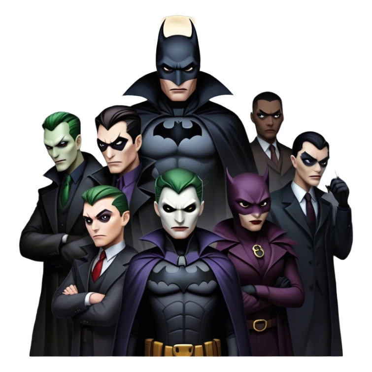 Icon for Thriller Movies: A large, dramatic collage featuring sinister villains in dark clothing. The background shows the gloomy cityscape of Gotham, with dim lighting and eerie shadows. The atmosphere should be tense, mysterious, and suspenseful. Transparent background. sticker