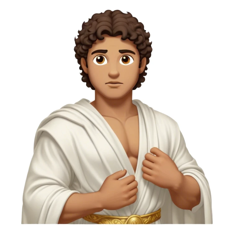 Cinematic Realistic Hercules Portrait, depicted as a classical Greek hero inspired by the Disney version yet echoing the refined proportions and serene dignity of Michelangelo's David. His idealized, sun-kissed tan skin glows with timeless strength, and his thick, curly wavy dark brownhair falls in natural, sculpted curls. Draped in a flowing white robe with delicate golden accents, his expressive eyes radiate determined nobility, all rendered under dynamic natural lighting with a mythic, radiant glow. sticker