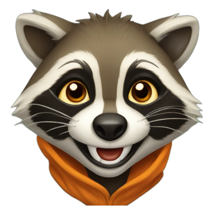 brown raccoon with orange eyes and a dark green hood that is laughing sticker