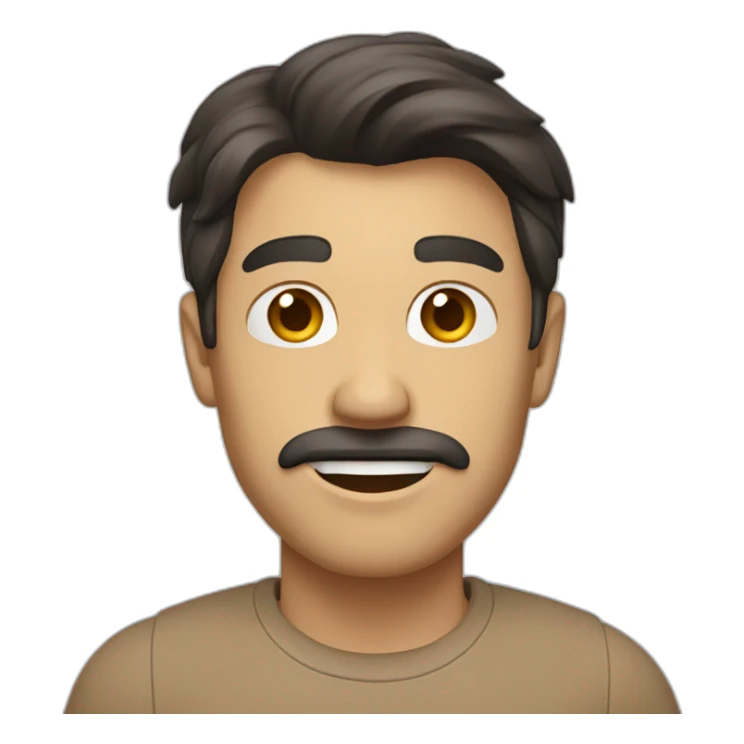 Man with light brown shirt, dark hair and small mustache waving sticker