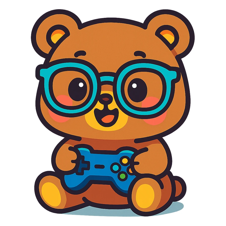chibi bear with glasses playing games, vibrant and cute, animated style sticker