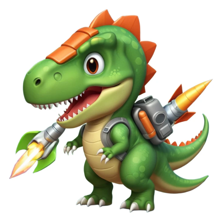 rocket-propelled dinosaur portrait, head and shoulders only, cute T-rex face, rocket pack visible behind shoulders, glowing thrusters, 3D cartoon, mobile game icon style, clean background, no text, no watermark sticker