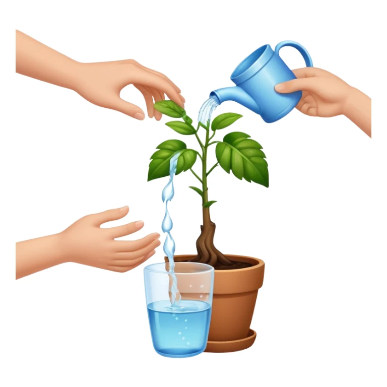 hands pouring water onto a potted plant, simple and friendly sticker