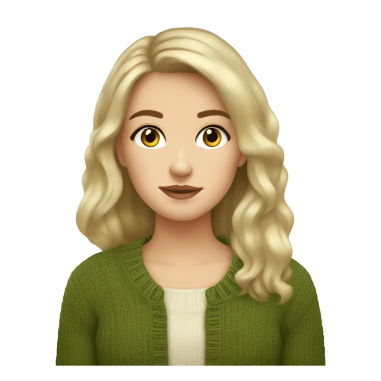Pretty brown eyed white girl with olive green sweater reading cozy sticker