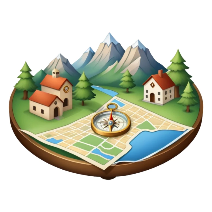 An icon featuring a local map, a compass, and regional landmarks, symbolizing local studies. The design includes a tree, mountains, and buildings, representing the unique geography and culture of a specific area. Transparent background highlights the exploration of local history and environment. sticker