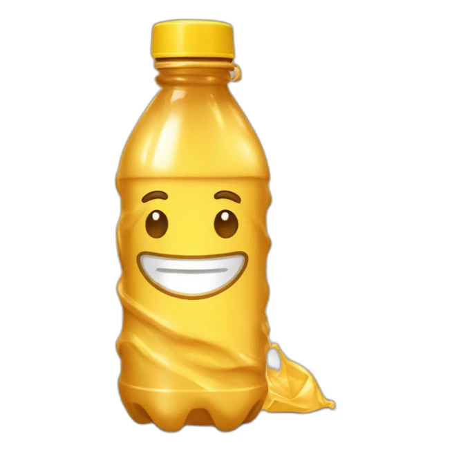 american style water bottle on the ground filled halfway with brownish yellow liquid, crumpled sticker