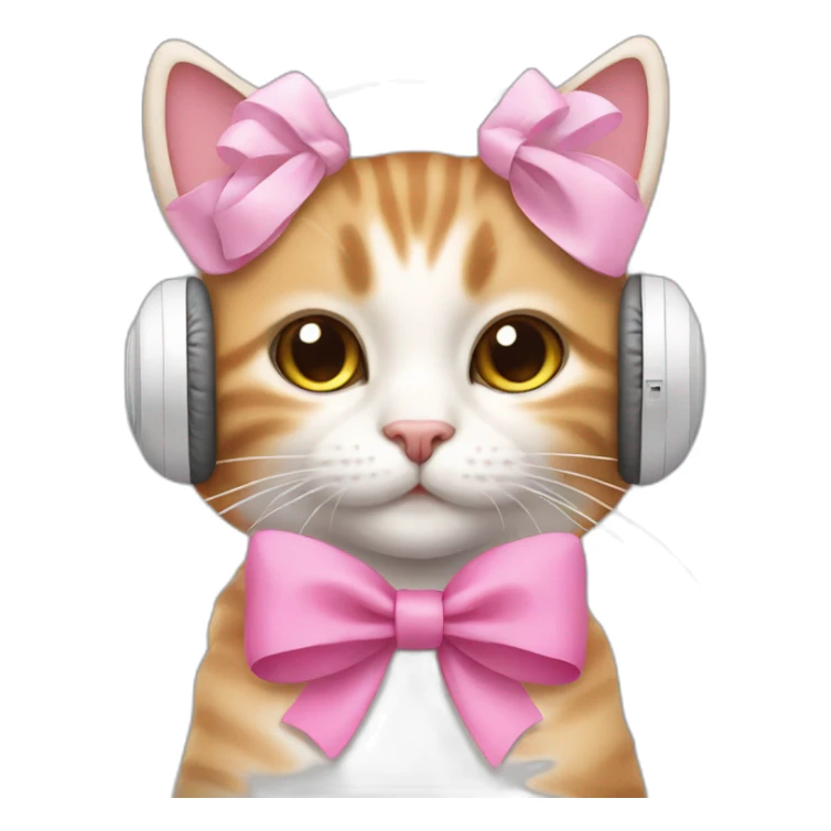 cute cat with pink bow and white warm headphones sticker