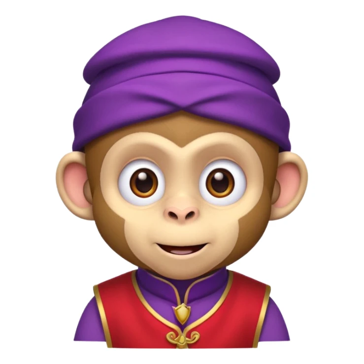 Cute monkey inspired by Abu from Aladdin, big expressive eyes, purple vest, red fez hat, mischievous grin. Emoji-style, bold outlines, bright colors, centered face on transparent background, high quality, vector style. sticker
