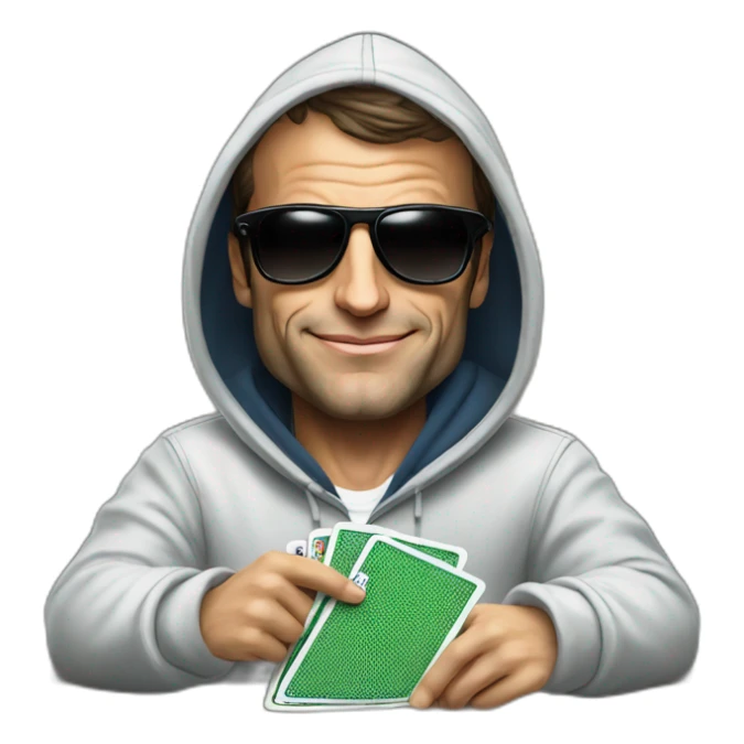 Emmanuel Macron with a hoodie and sunglasses playing poker sticker
