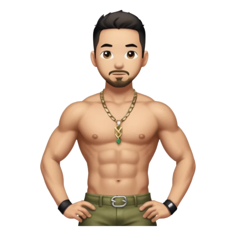 Mike Shinoda with metallic olive pants, shirtless with necklace sticker