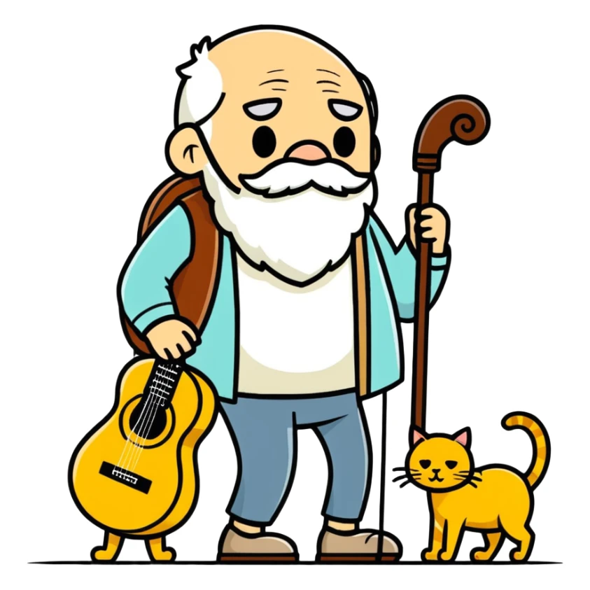  old blind man and his walking stick and guitar ￼ with golden cat  sticker