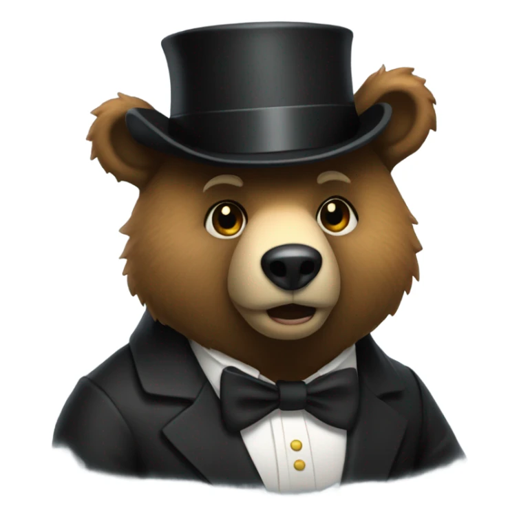 A animatronic bear wearing a tophat and a black bow sticker