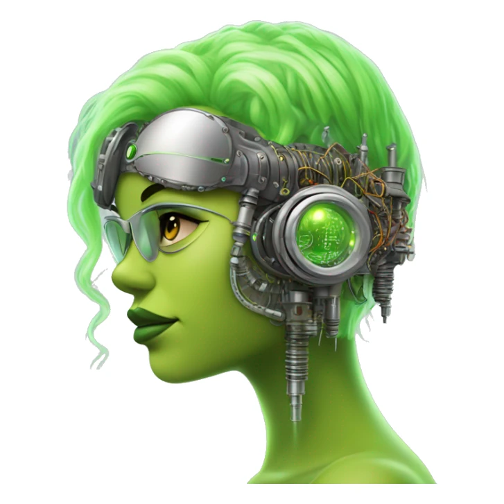 Neon green bobbed hair Latina female cyborg head with silver steampunk goggles and circuits sticker