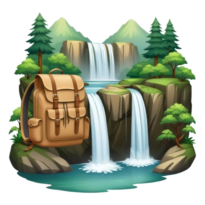 Icon for Ecotourism: lightweight hiking backpack and a scenic landscape with lush green forests, a waterfall, and wildlife, such as birds or animals in background. Transparent background. sticker