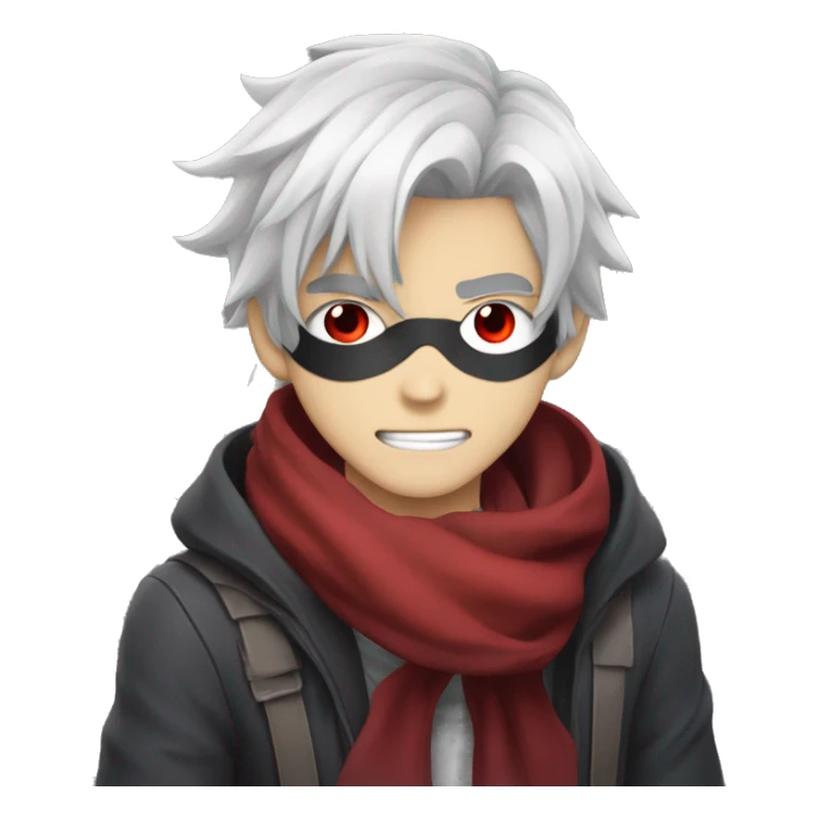 Anime guy, with white messy hair, demonic eye patch, red eyes, crimson scarf around neck, and gray skin  sticker