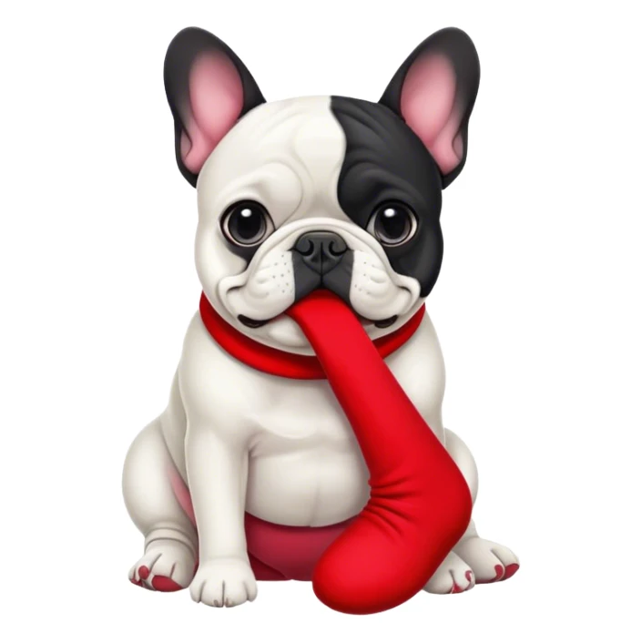 Black and white Bouledogue français eating a red sock  sticker