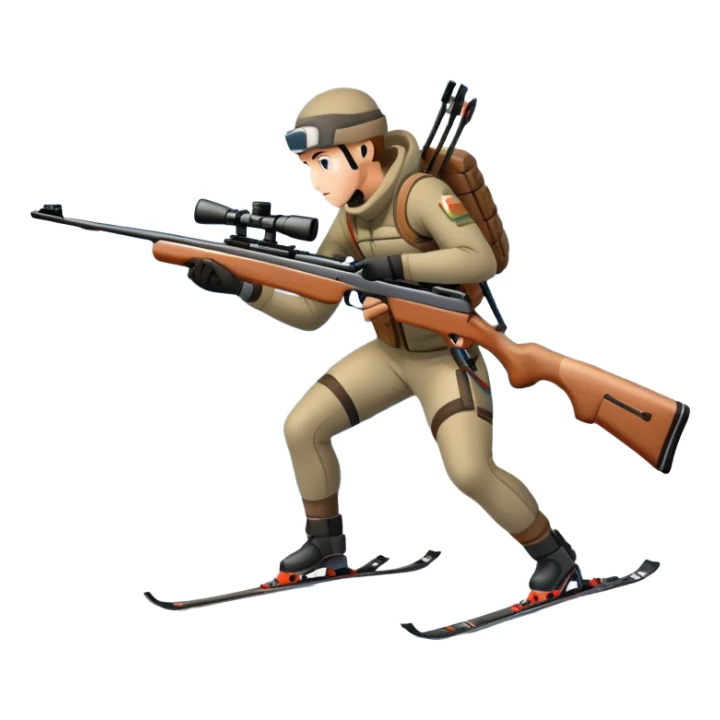 An icon showing a snowy landscape with pine trees, mountains, and a clear sky with a biathlete aiming a rifle in the foreground, wearing winter gear and skis. Transparent background emphasizes the precision, endurance, and beauty of this winter sport. sticker