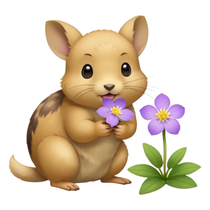 small round pika on all fours, turned at an angle, biting a small light purple flower in its mouth sticker