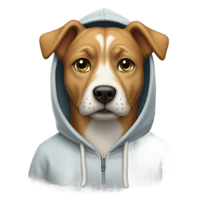 Dog wearing a hoodie with a mustache sticker