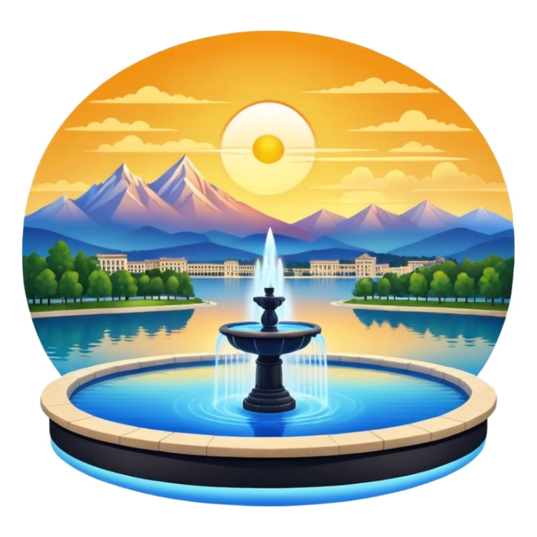 Please generate an image of a sunrise illuminating a lake with a huge fountain like that in the Geneva lake and some mountains in the background. sticker
