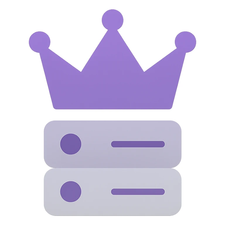 King Server brand logo, abstract crown and server merged, color icon style, geometric, purple and silver tones, no text sticker