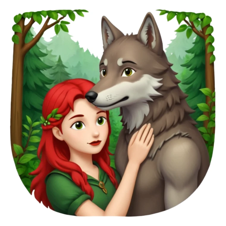 Caperucita roja acariciando la cabeza de un lobo macho en un bosque sticker