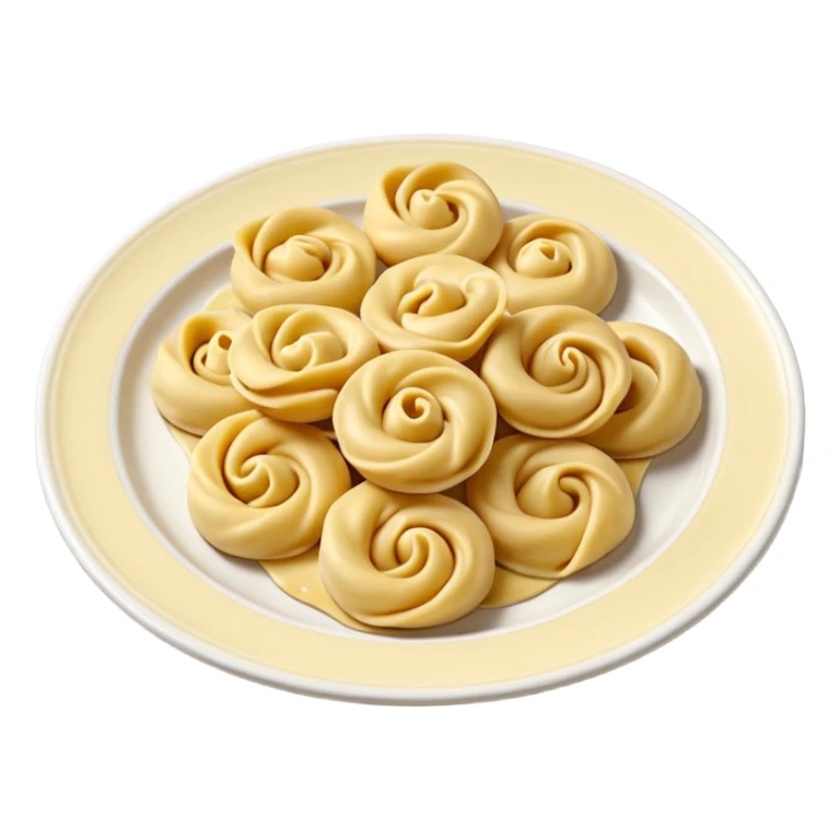 single uncooked tortellini, smooth pale yellow dough, neatly folded ring shape, soft curves, slightly flour-dusted surface, visible central pinch, no sauce, plate, or extras, soft lighting, subtle shadows, emoji scale sticker