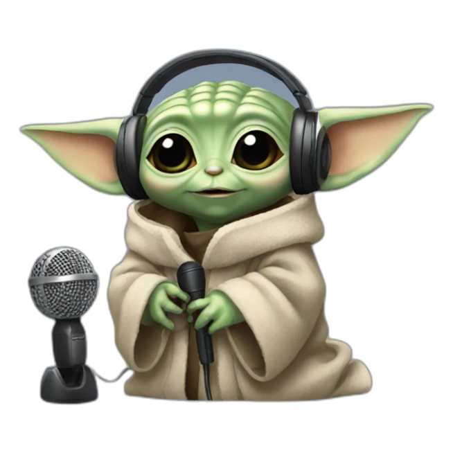 baby yoda with headphones talking to a microphone sticker
