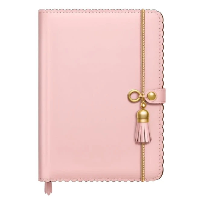 a soft pink journal with scalloped edges, tiny gold dot details, and a small tassel charm, cozy and elegant stationery vibe sticker