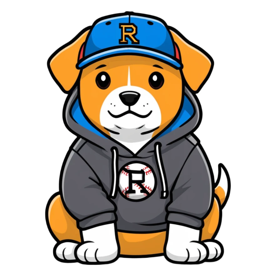Dog with baseball cap hoodie and a Rolex  sticker