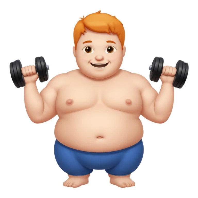 exaggerated and humorous chubby character with big dumbbells, white background sticker