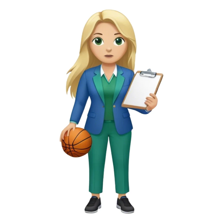 Full Body white plus size female basketball head coach using a clipboard with long blonde hair in a blue and green suit sticker