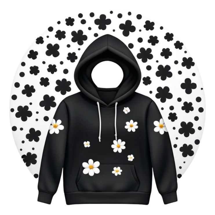 The BLACK Hoodie features a black base with distinctive white and black  open flower spots with empty space in the middle, These hollow ring-like patterns are scattered across. BLACK AND WHITE FLOWERS SPACED OUT FLOWERS, AND ONLY A FEW FLOWERS AND NO DOTS, NO VINES, NO LEAVES sticker