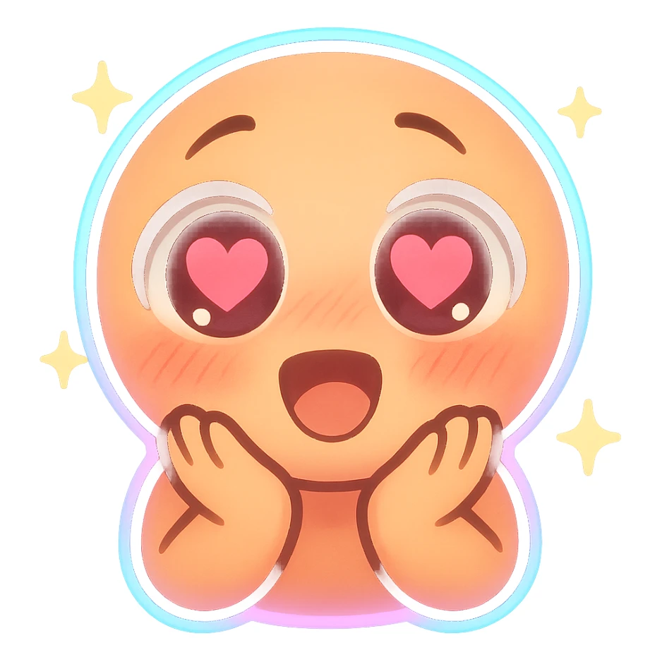 chibi emoji with wide eyes, heart-shaped pupils, soft lighting, blush cheeks, star sparkles, neon blue and pink glow, discord emoji size sticker