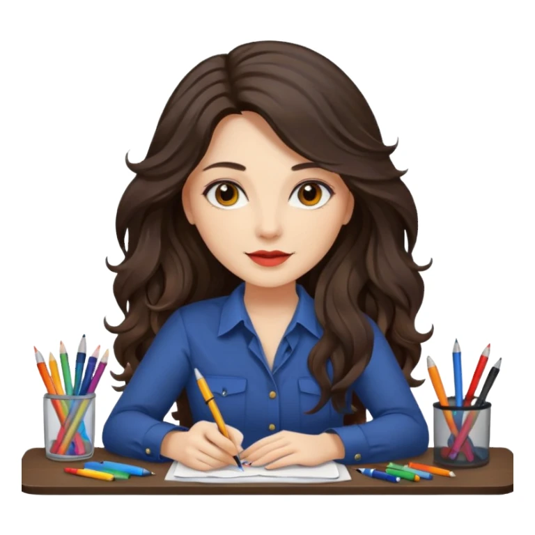 female dark wavy long hair graphic designer , color wheel, pens, papers, desktop sticker