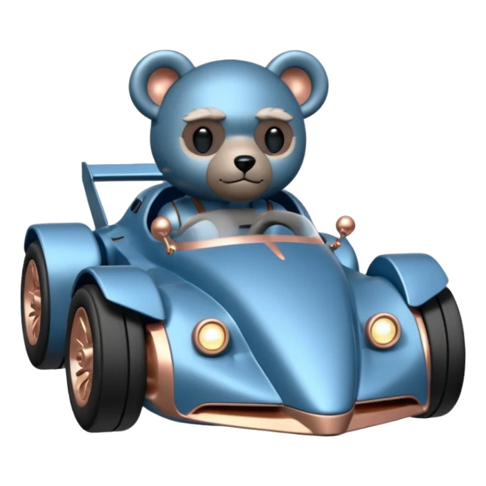  Metallic blue and rosegold-accented  racing car for furry-faced grey bearded evil alien scary robot teddy bear and passenger with custom aero body and rear spoiler  sticker