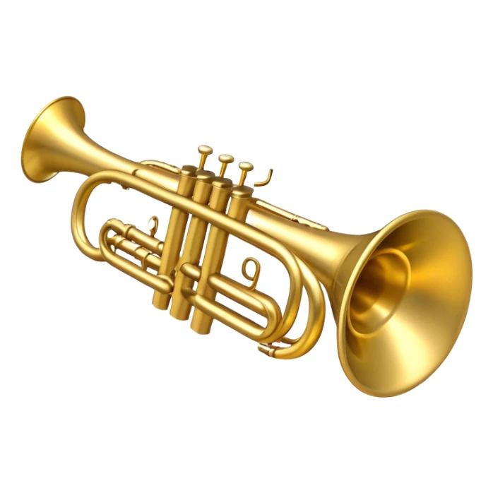 Create a sleek and polished emoji representing the Brahner trumpet. The design should feature the shiny brass body of the trumpet, with its distinct bell shape and coiled tubing. Highlight the three smooth, finger-operated valves, and the mouthpiece at the top of the instrument. The finish of the trumpet should be a rich, golden brass tone with subtle reflections, giving it a polished and professional appearance. Add musical notes or soundwaves around the bell of the trumpet to evoke its bold and brassy sound. Use golden, brass, and silver tones to emphasize the vibrant, high-quality design of the trumpet. The background should be transparent. sticker