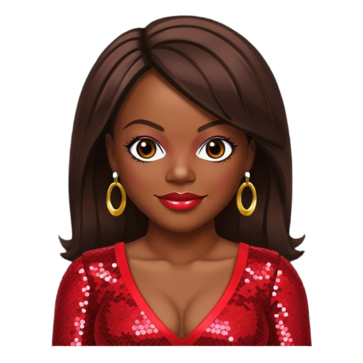 Kandi Burruss from Xscape with long dark brown hair, red sequin outfit sticker