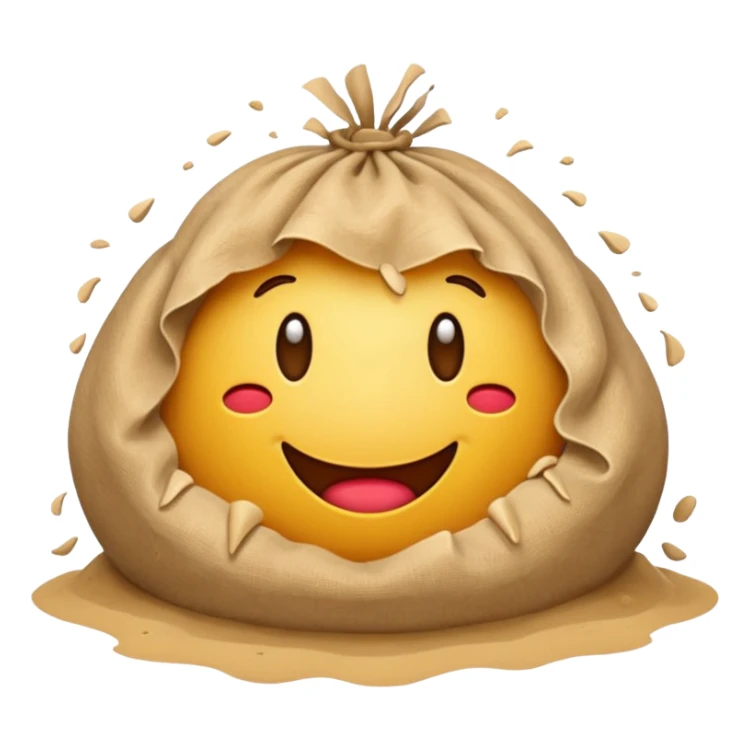apple style emoji of a torn sandbag with sand spilling, clear and bold sticker
