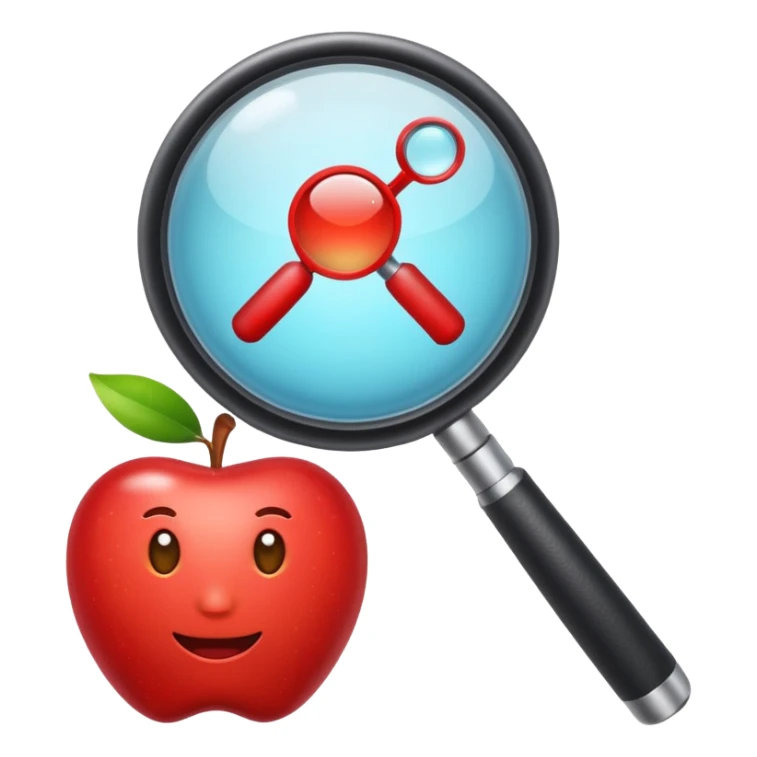 magnifying lens emoji style apple with plus sign in bottom right, symbolizing search and add sticker